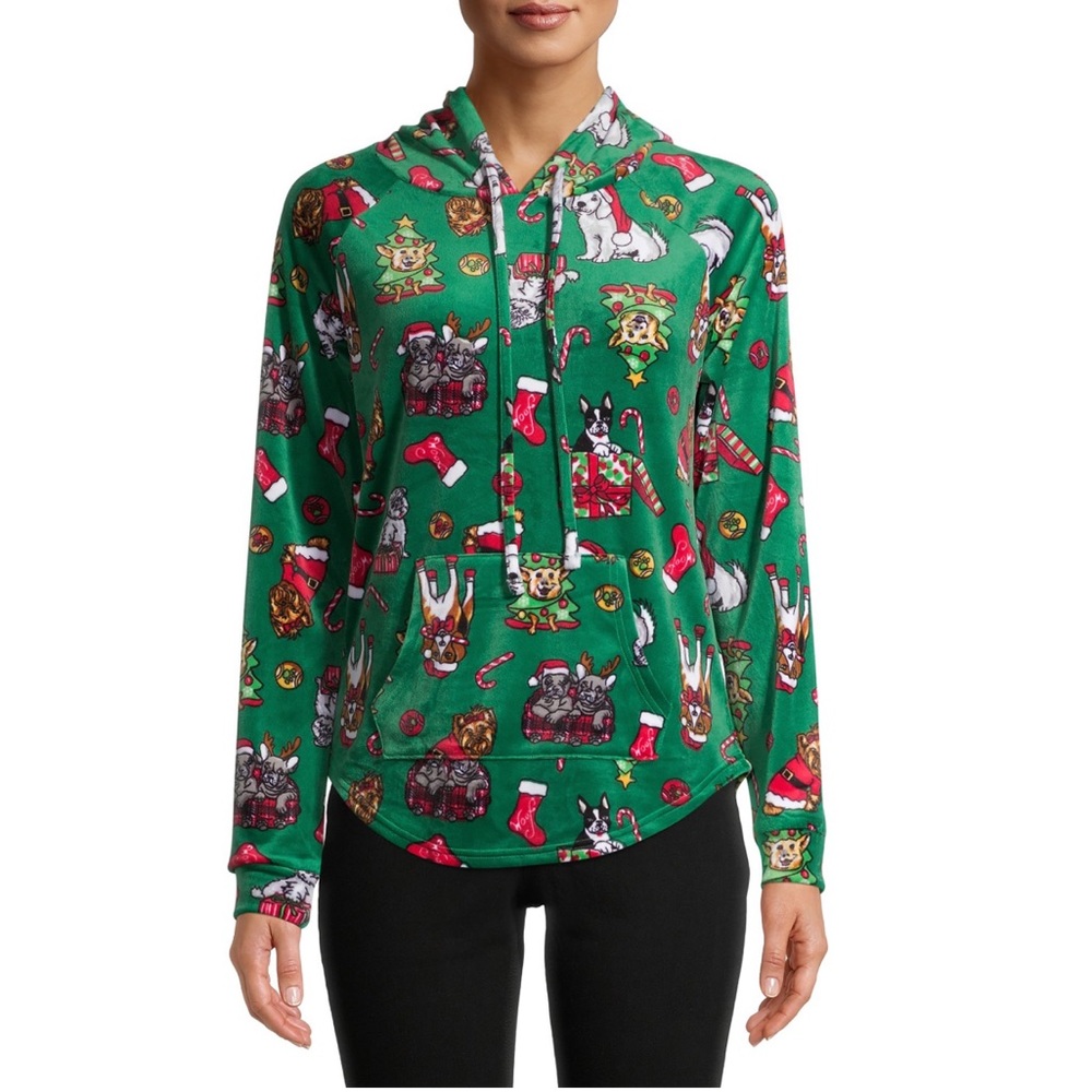 Christmas Dog Plush Pullover Drawstring Hoodie